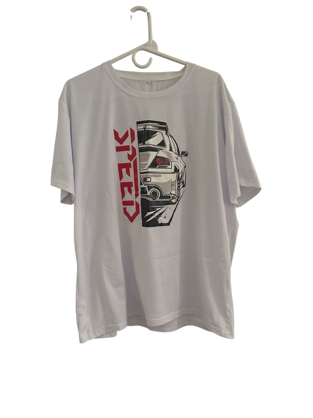 SHEIN White Short Sleeve Tee with Red and Black Car Graphic